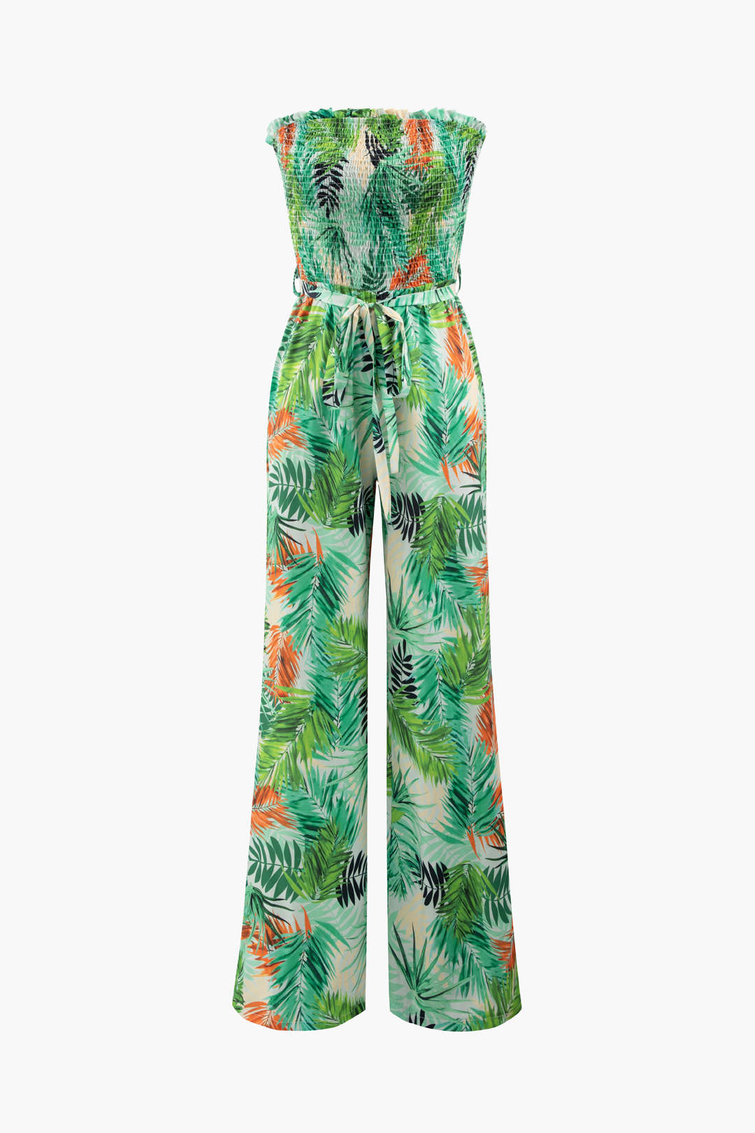 Tropical Print Belted Strapless Wide Leg Jumpsuit