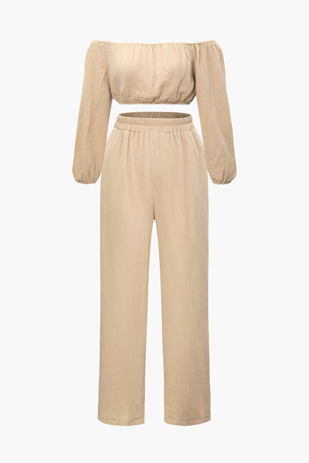 Off-Shoulder Long Sleeve Crop Top And Elastic Waist Pants Set