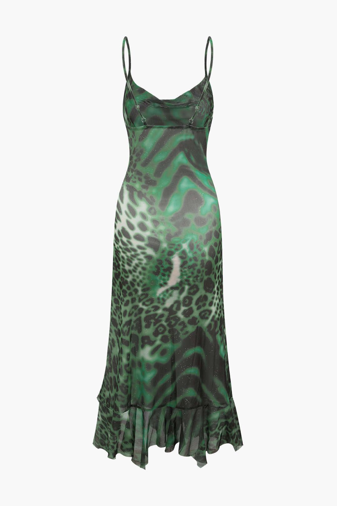 Leopard Print Mesh Ruffle Hem Maxi Dress