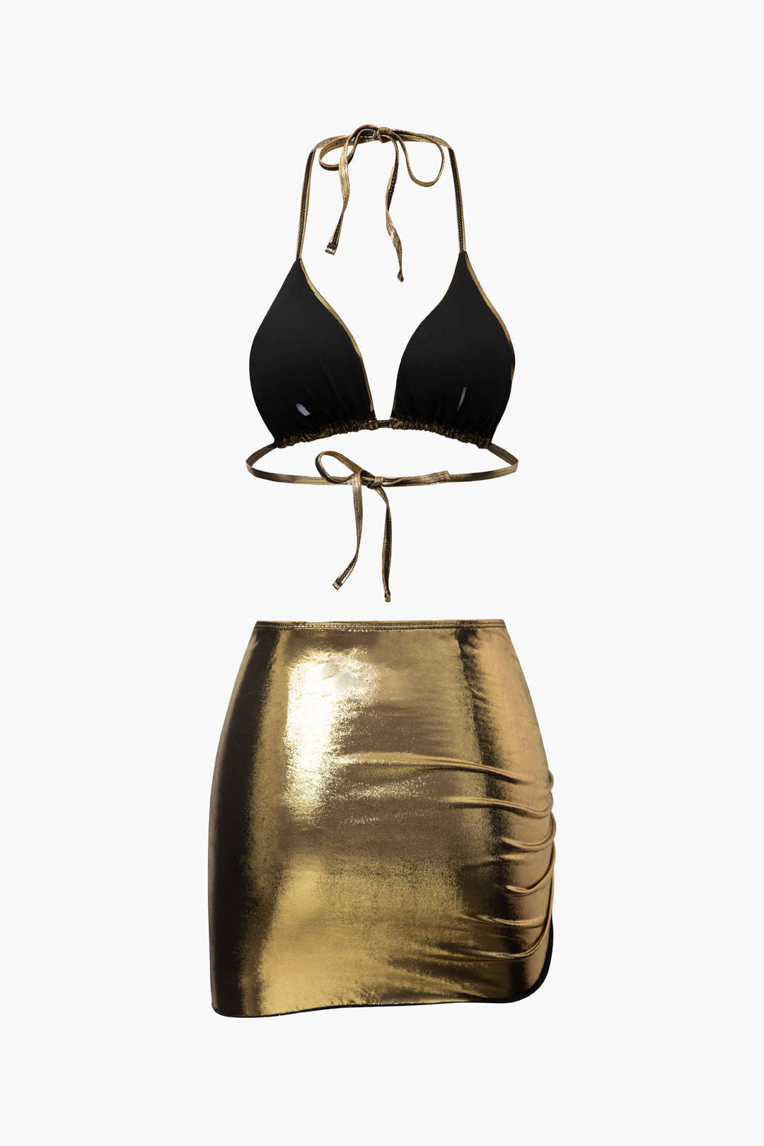 Metallic Tie Bikini And Drawstring Cover-up Skirt Set