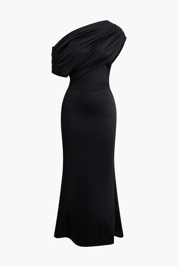 Asymmetrical One Shoulder Ruched Slit Maxi Dress