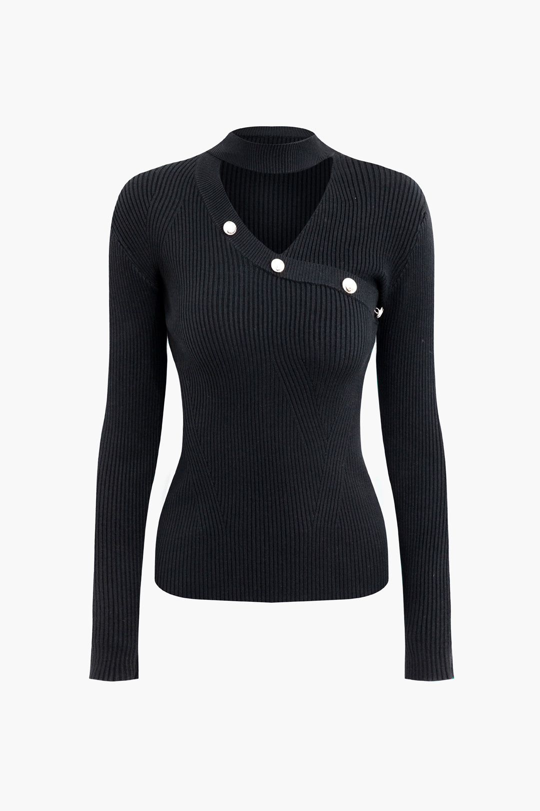 Long Sleeve Cut Out Button Ribbed Knit Wrap Top