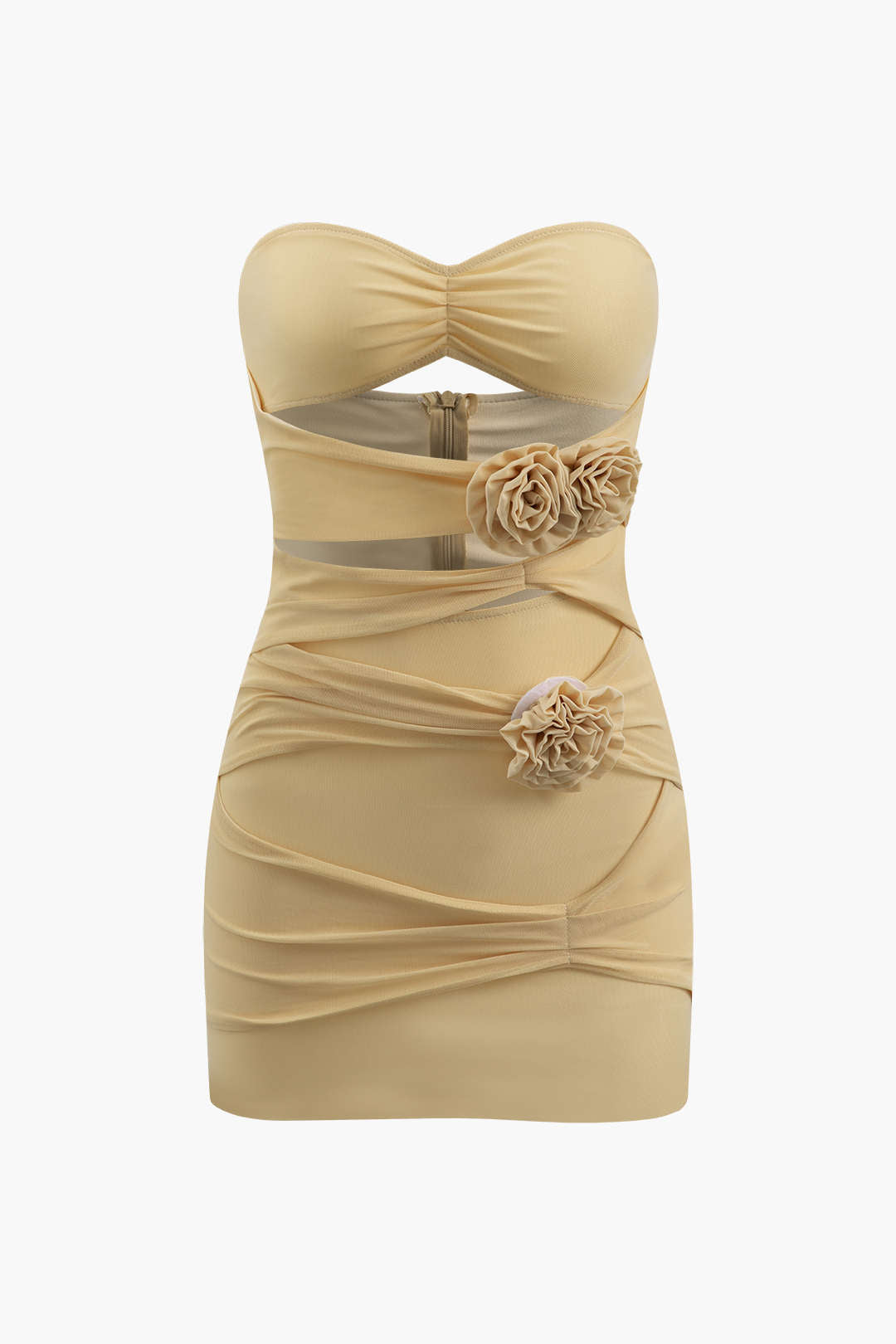 Rose Cut Out Mesh Strapless Mini Dress With Rose Bow Tie