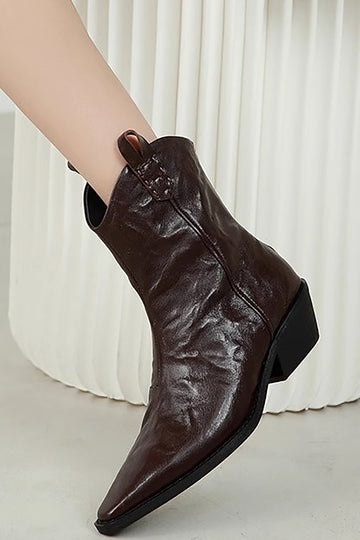 Pointed Toe Faux Leather Block Heel Ankle Boots