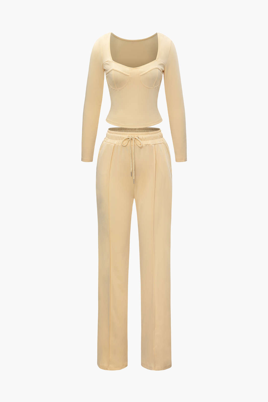Square Neck Long Sleeve Top And Tie Waist Pants Set