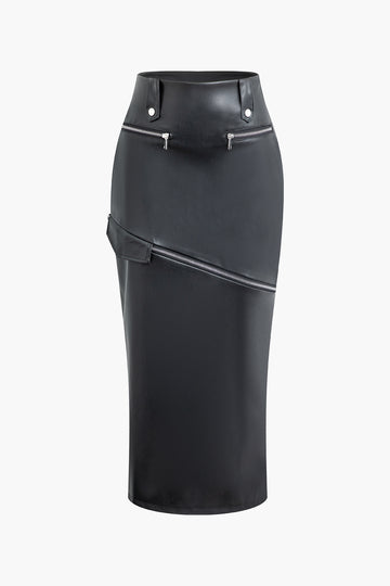 Faux Leather Zipper Split Long Skirt