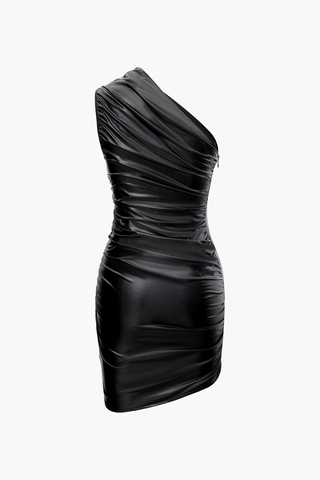 Faux Leather Asymmetric Ruched Mini Dress