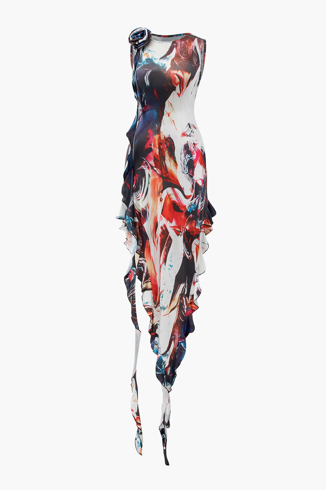 Abstract Print Rose Asymmetric Ruffle Dress