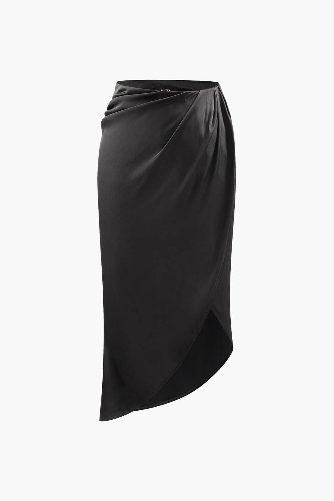 Ruched Asymmetric Satin Midi Skirt