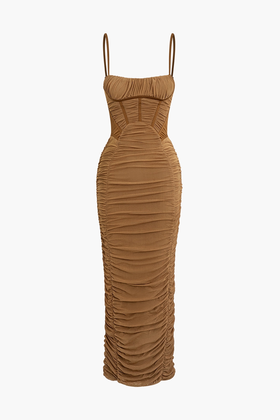 Solid Ruched Mesh Slip Maxi Dress