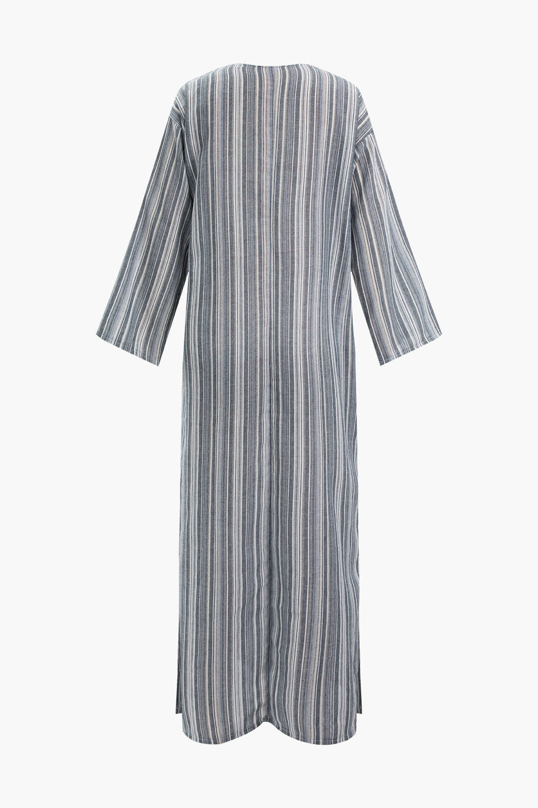 Linen Stripe V-neck Midi Dress With Kangaroo Pocket