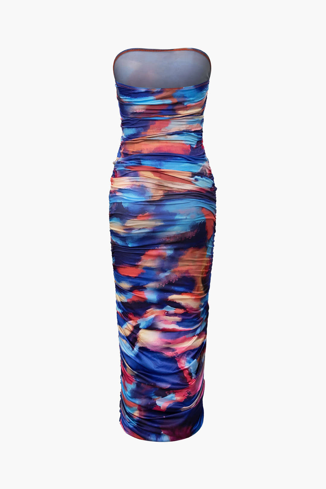Tie Dye Strapless Ruched Maxi Dress With Gloves