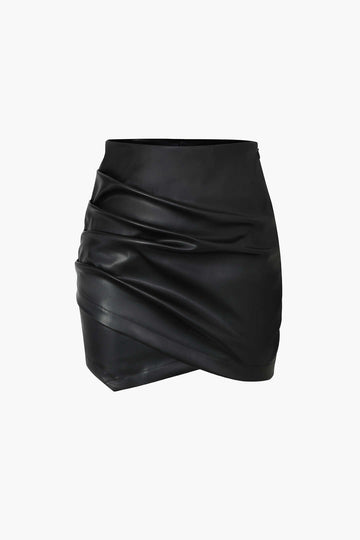 Asymmetrical Ruched Faux Leather Mini Skirt