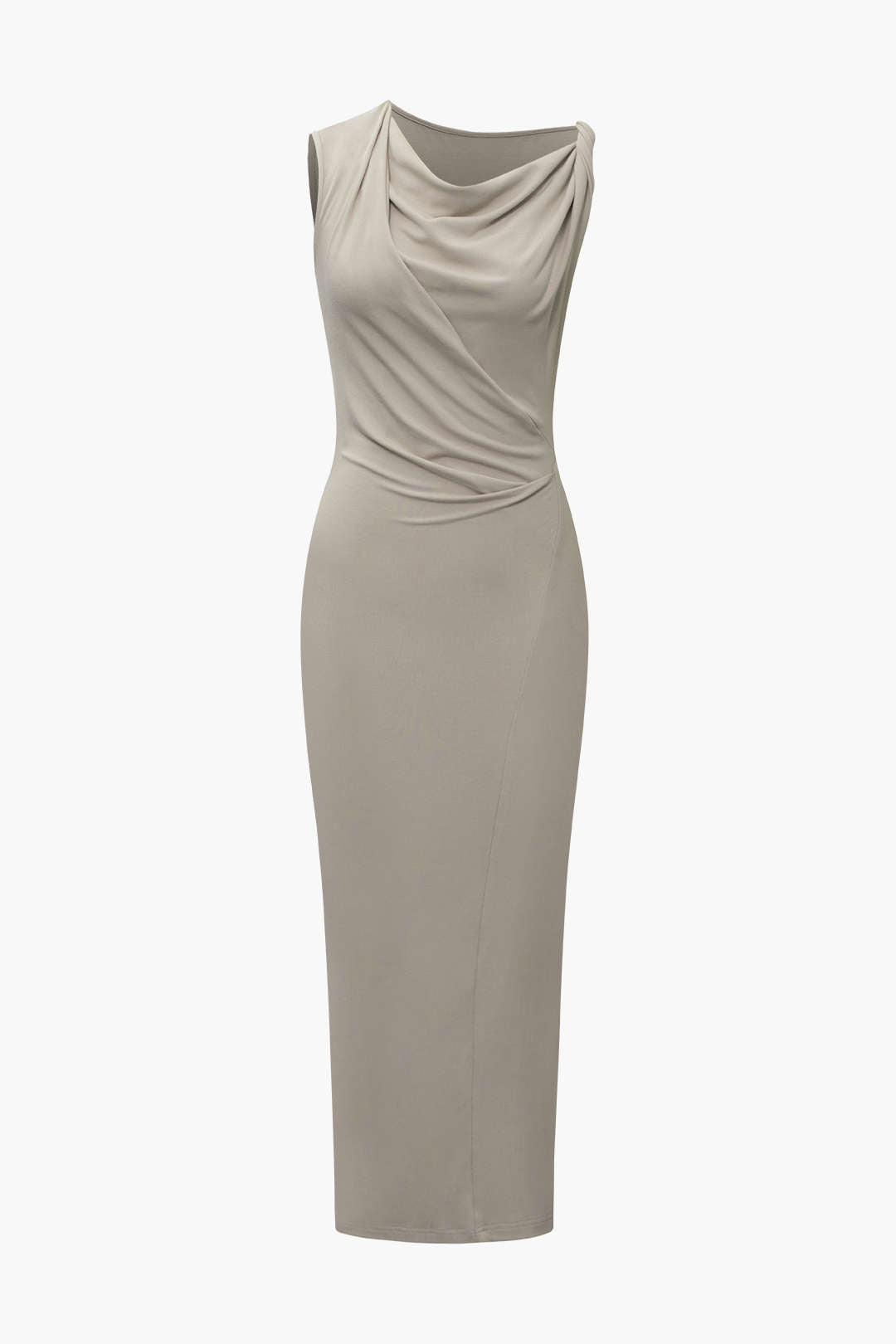 Solid Ruched Sleeveless Midi Dress