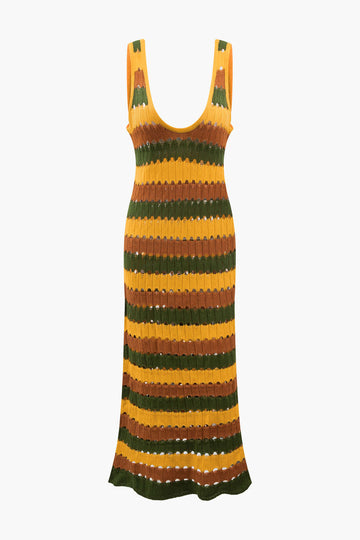 Stripe Knit U-neck Midi Dress