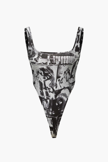 Printed Square Neck Backless Bodysuit