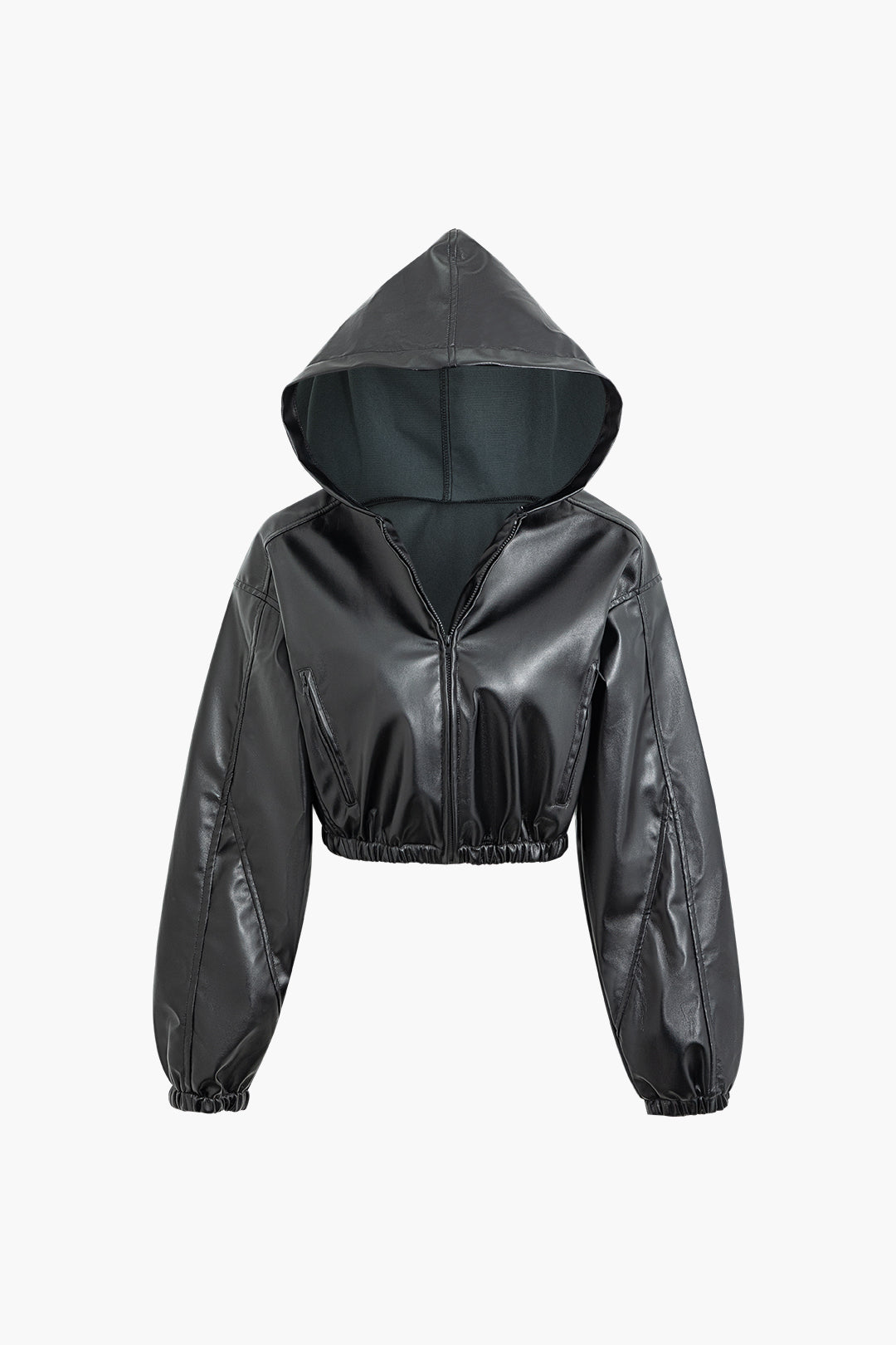 Faux Leather Zip Up Elastic Hooded Jacket