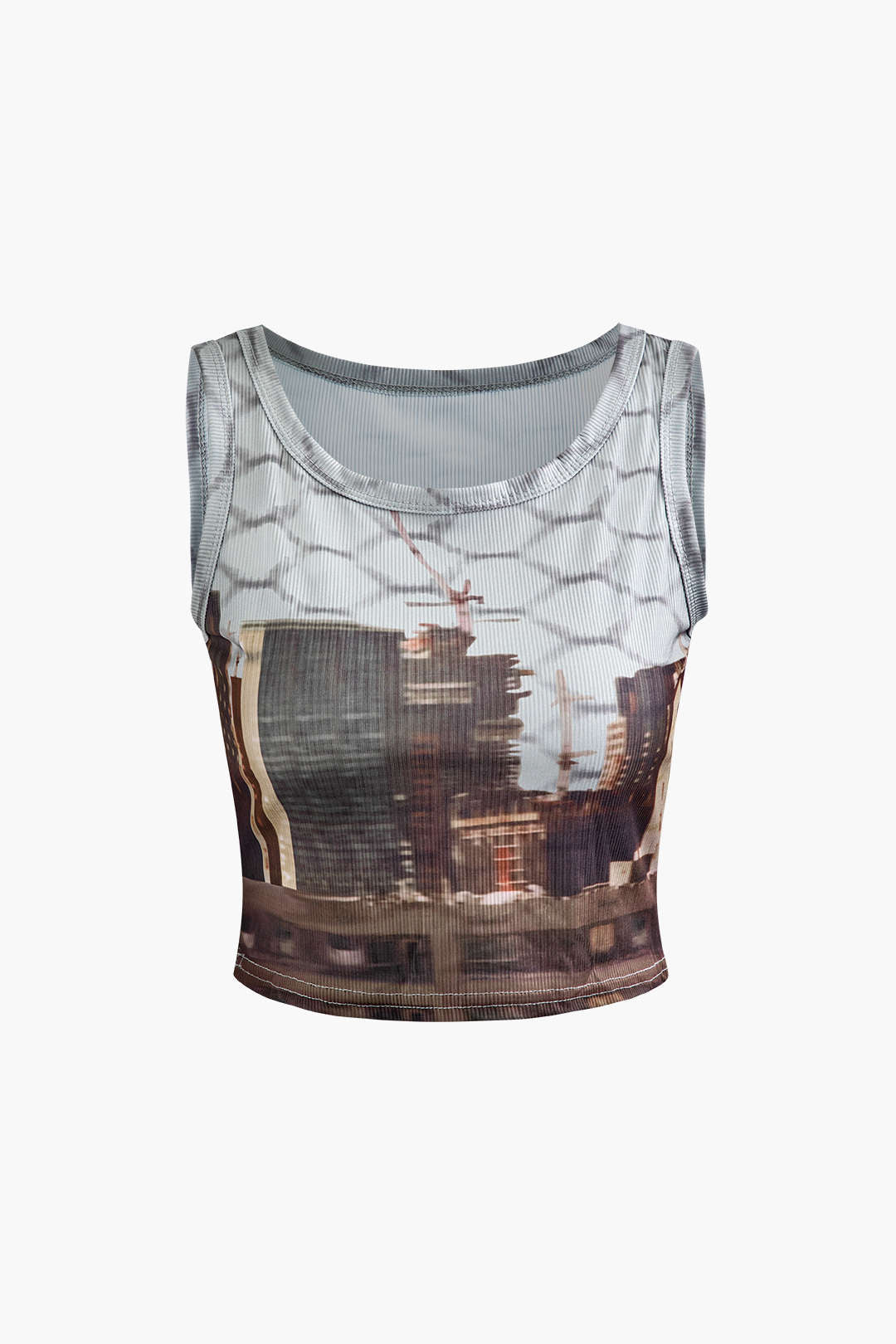 Landscape Print Rib Knit Tank Top And Mini Skirt Set
