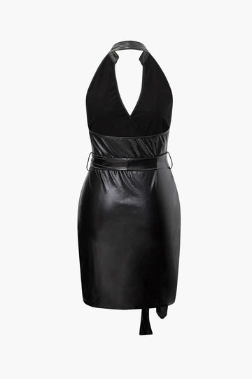 Faux Leather Backless V-neck Wrap Mini Dress