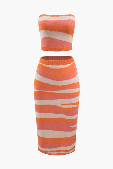 Contrast Stripe Knit Tube Top And Midi Skirt Set