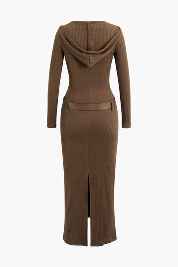Hooded Belted Slit Long Sleeve Knit Maxi Dress