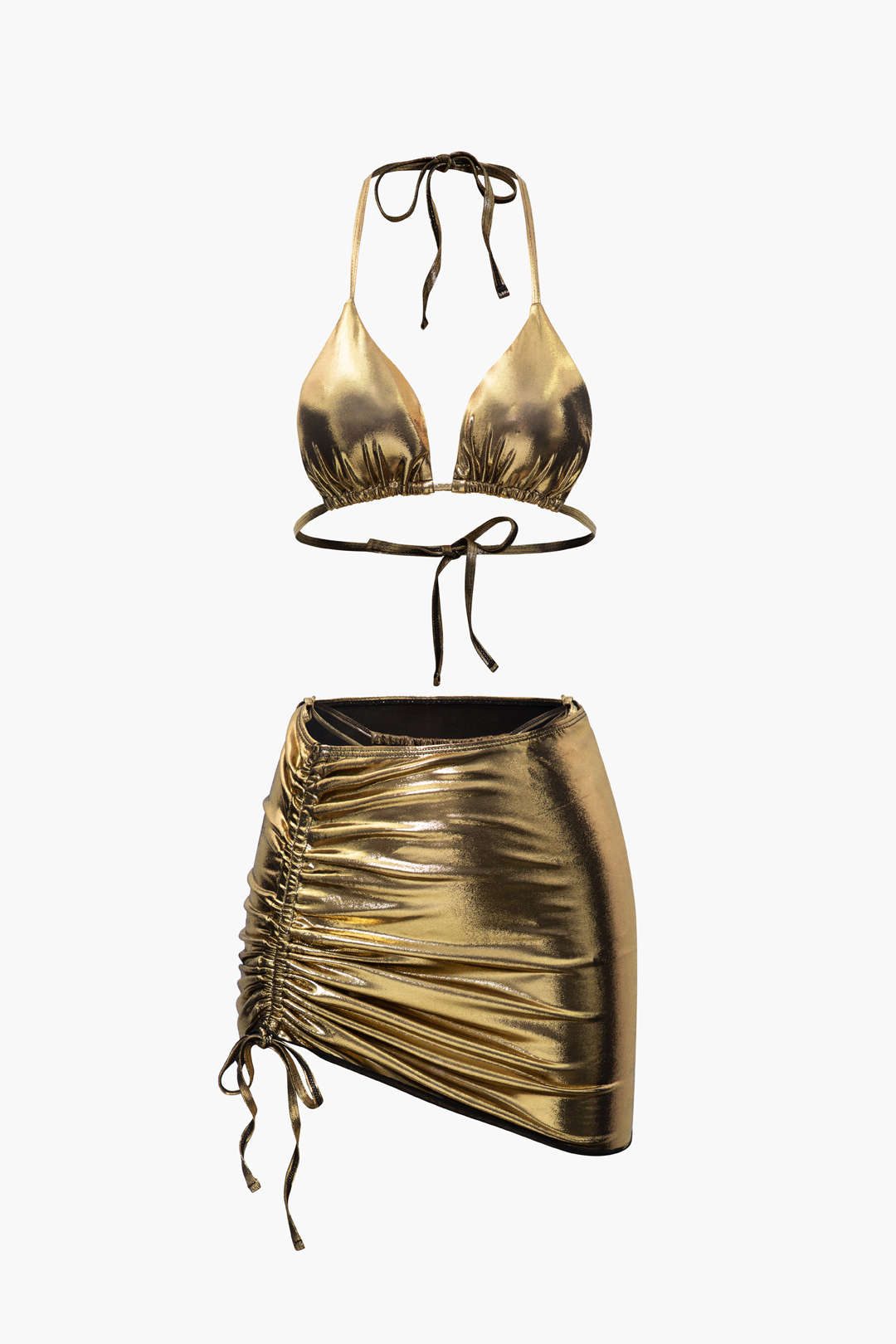 Metallic Tie Bikini And Drawstring Cover-up Skirt Set