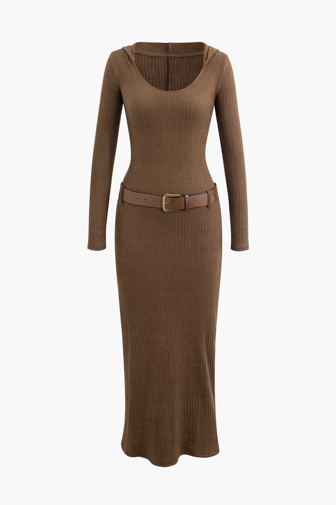 Hooded Belted Slit Long Sleeve Knit Maxi Dress