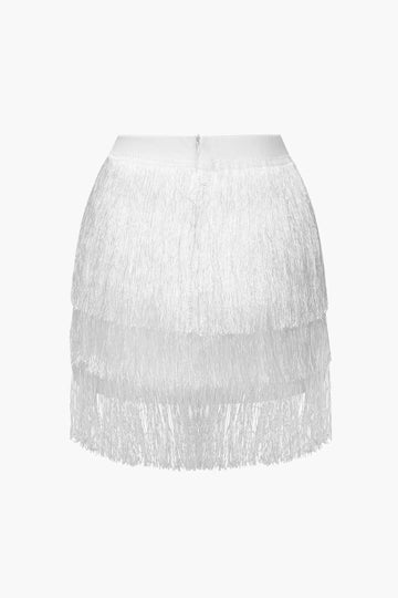 Fringe Cami Top And Tiered Mini Skirt Set