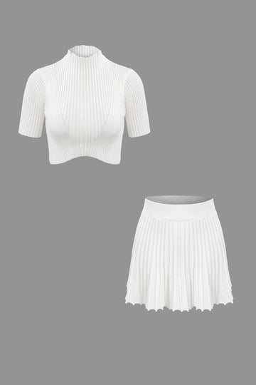 Solid Mock Neck Short Sleeve Rib Knit Top And Mini Skirt Set