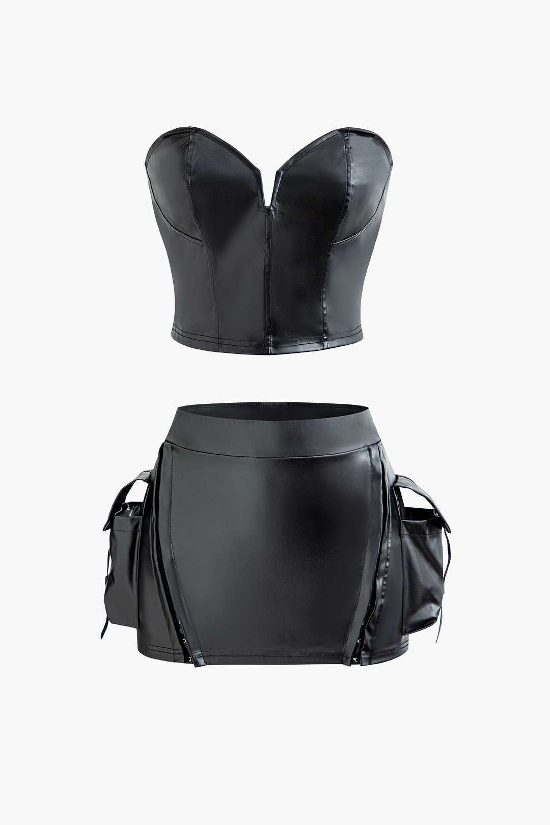 Faux Leather Tube Top And Side Flap Pocket Zipper Mini Skirt Set
