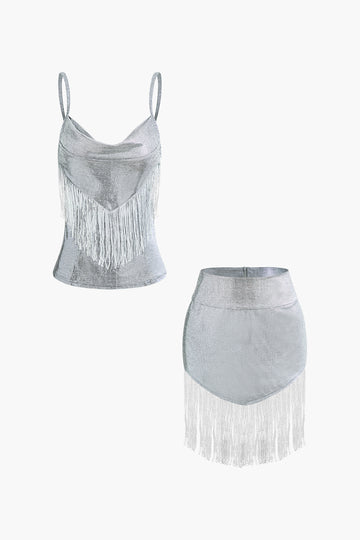 Sequin Fringe Cowl Neck Cami Top And Mini Skirt Set