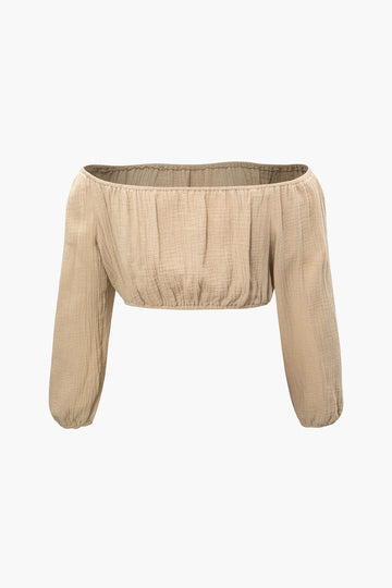 Off-Shoulder Long Sleeve Crop Top And Elastic Waist Pants Set