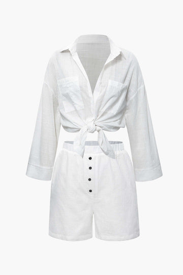 Linen-Blend Long Sleeve Pocket Shirt  And Button Shorts Set
