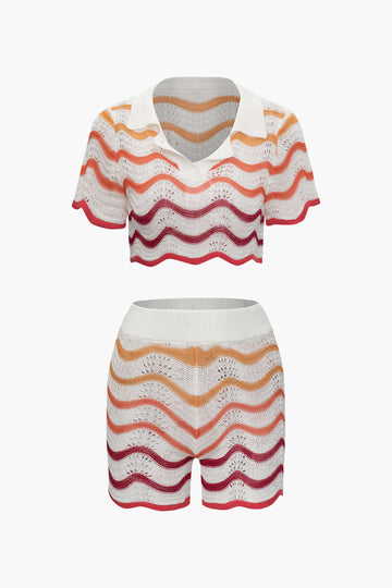 Multicolored Stripe Open Knit Top And Shorts Set