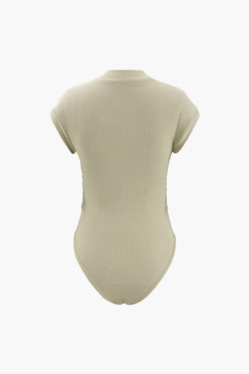 Mock Neck Short Sleeve Rib-Knit Ruched Bodysuit