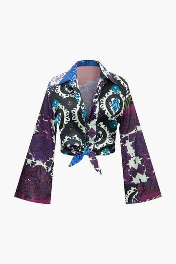 Printed Patchwork Flare Sleeve Button Up Shirt