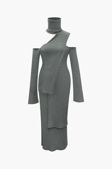 Asymmetric Knit Turtleneck Top And Midi Dress Set