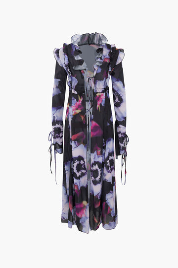Abstract Print Tie Front Ruffle Cover Up Dress