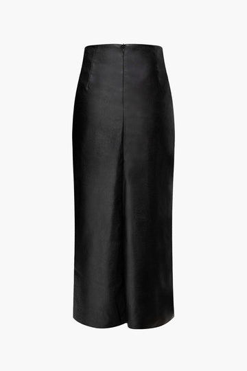 Faux Leather Slit Front Straight Skirt