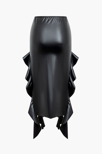Faux Leather Ruffle Slit Midi Skirt