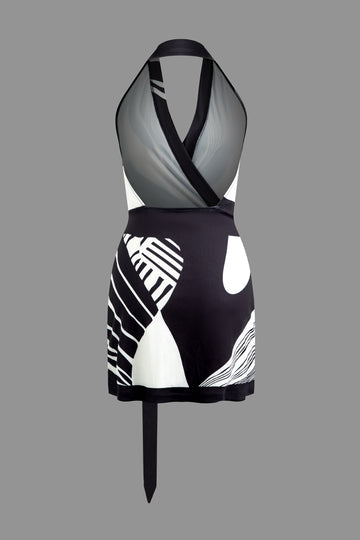 Printed V-neck Belted Halter Backless Mini Dress