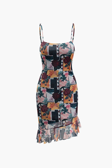 Floral Print Asymmetric Ruffle Hem Mini Dress