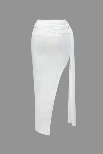 One Shoulder Crop Top And Knot Side Slit Midi Skirt Set