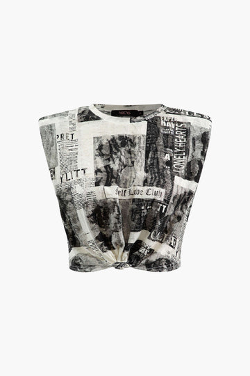 Newspaper Print Padded-Shoulder Knot Hem T-Shirt