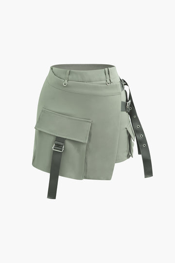 Asymmetric Flap Pocket Wrap Cargo Mini Skirt