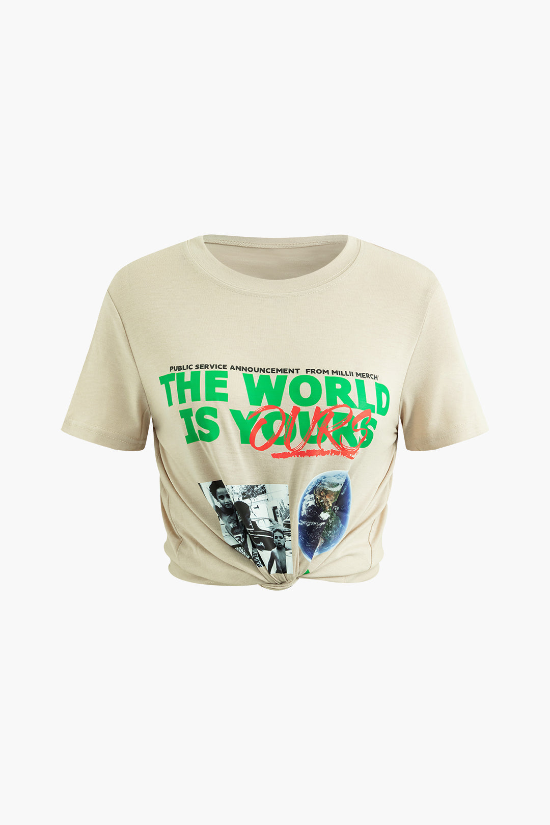 Letter & World Graphic Round Neck T-Shirt