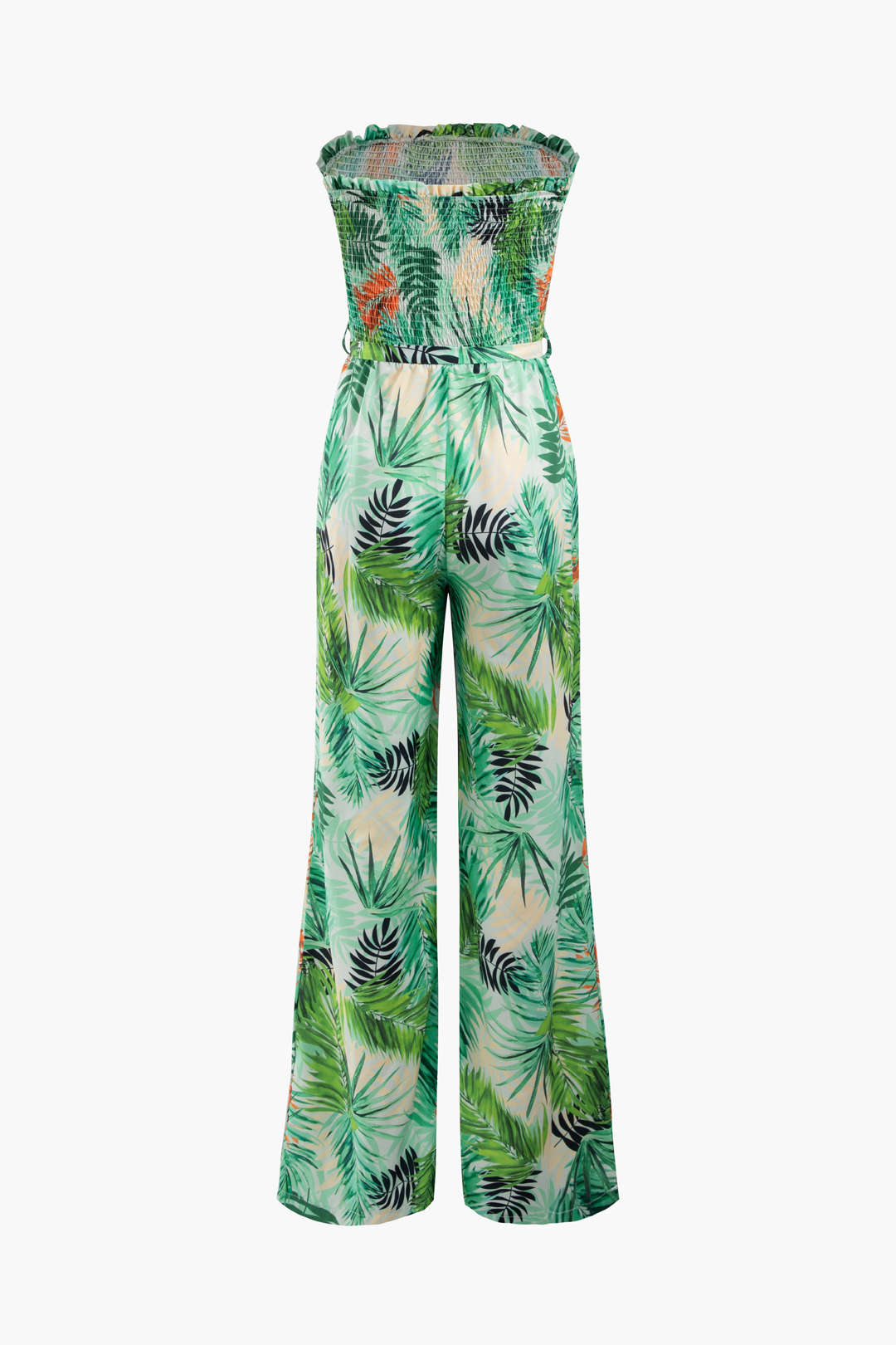 Tropical Print Belted Strapless Wide Leg Jumpsuit