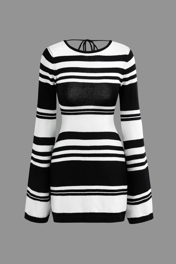 Contrast Stripe Backless Bell Sleeve Knit Mini Dress