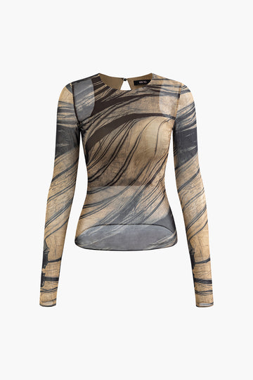 Abstract Print Round Neck Mesh Long Sleeve Top