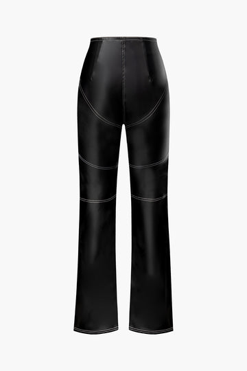 High Waisted Topstitching Faux Leather Straight Leg Pants